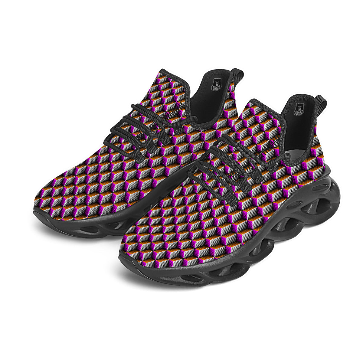 3D Rhombus Print Pattern Black Running Shoes-grizzshop
