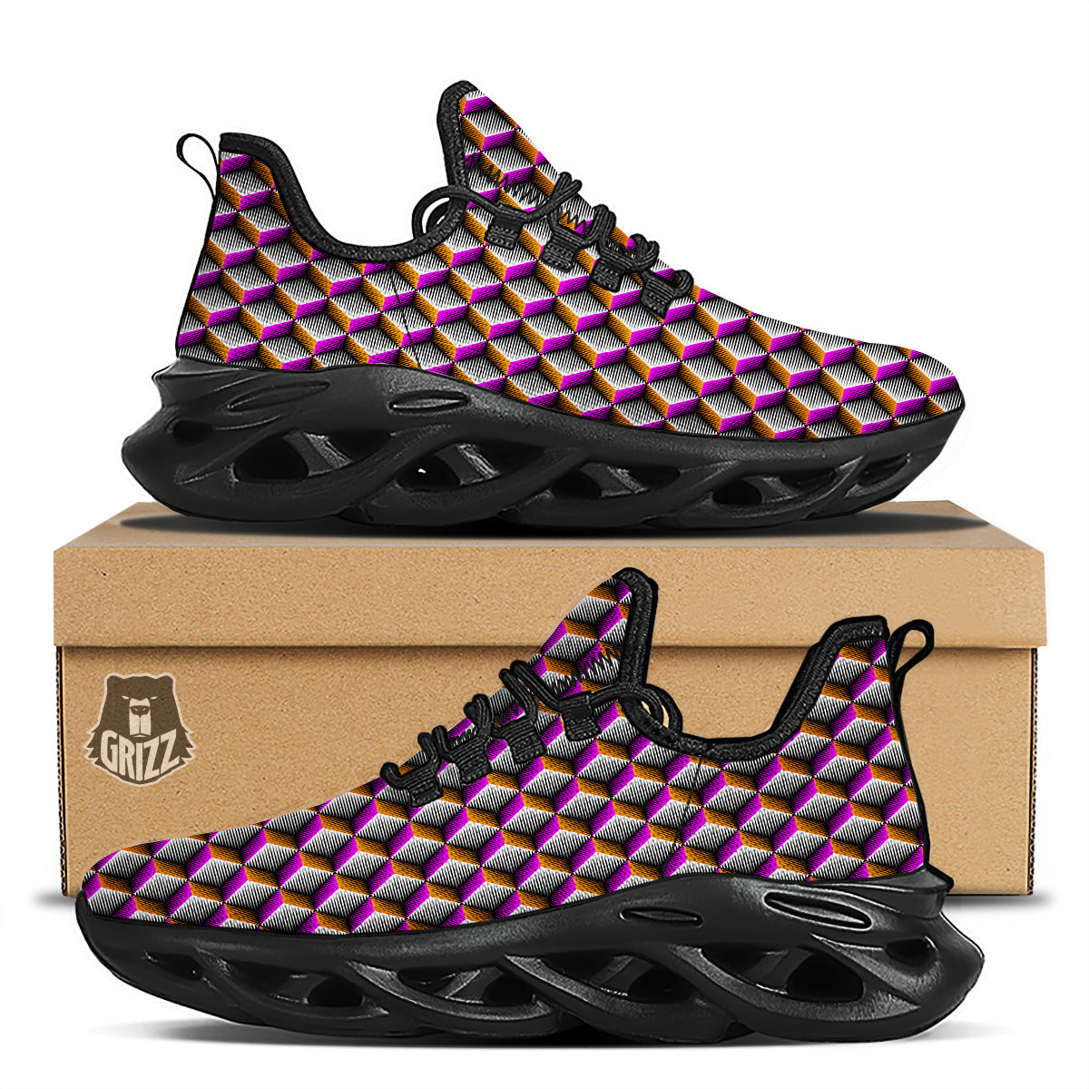 3D Rhombus Print Pattern Black Running Shoes-grizzshop