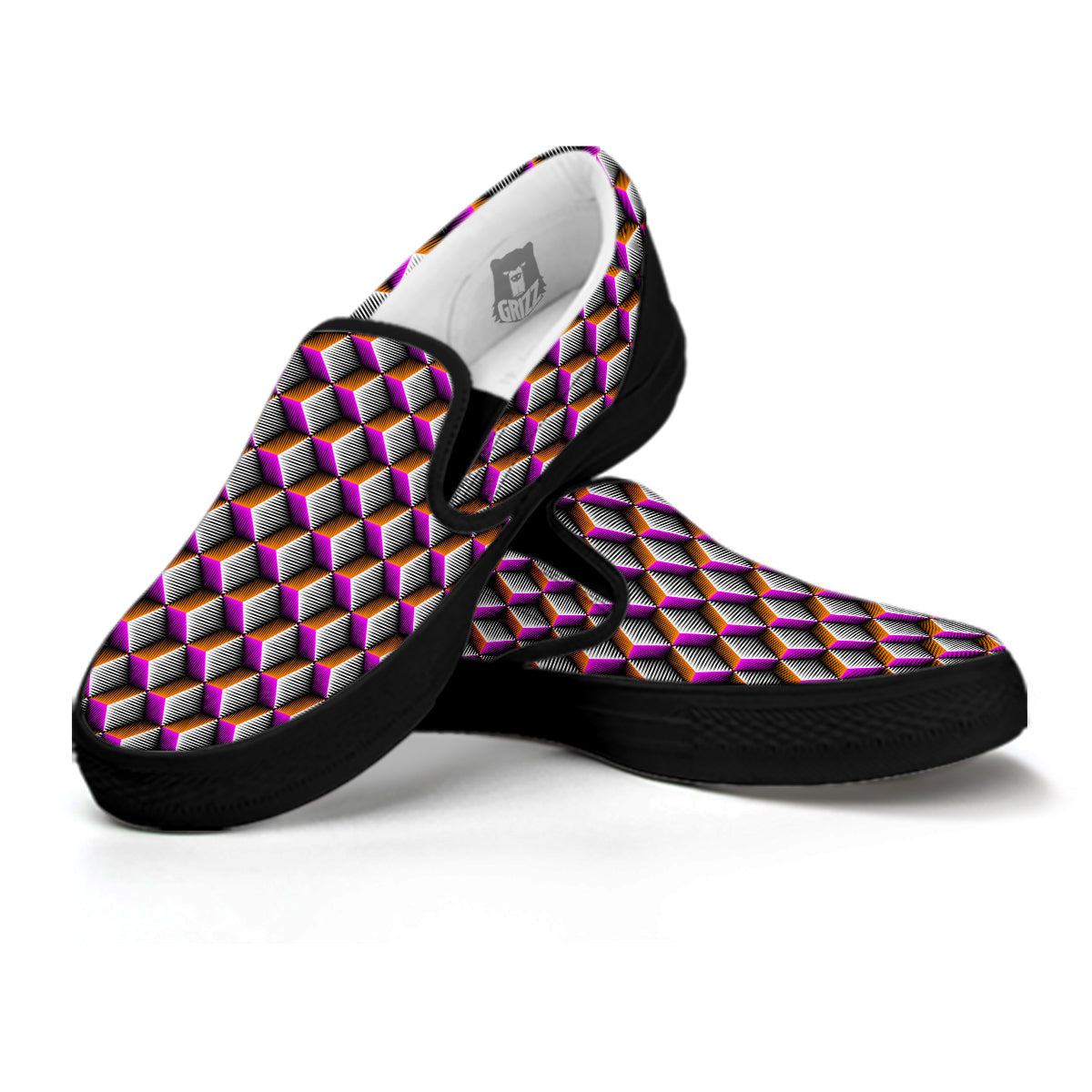 3D Rhombus Print Pattern Black Slip On Shoes-grizzshop