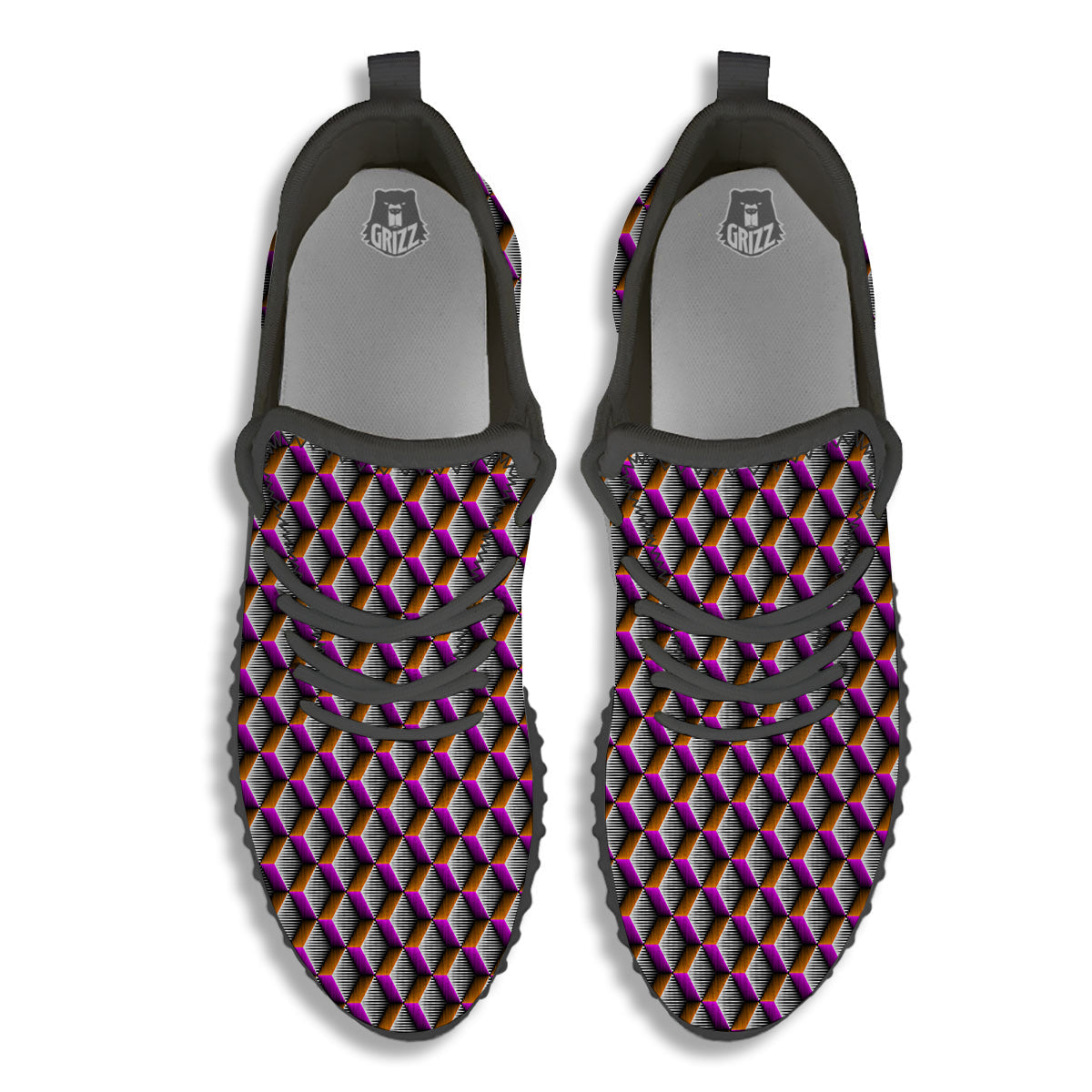 3D Rhombus Print Pattern Black Walking Shoes-grizzshop