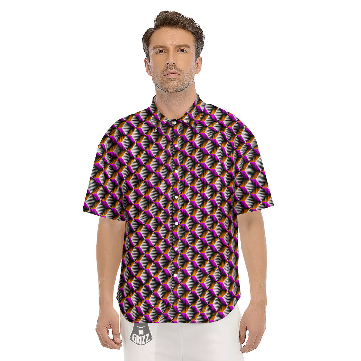 3D Rhombus Print Pattern Men's Short Sleeve Shirts-grizzshop