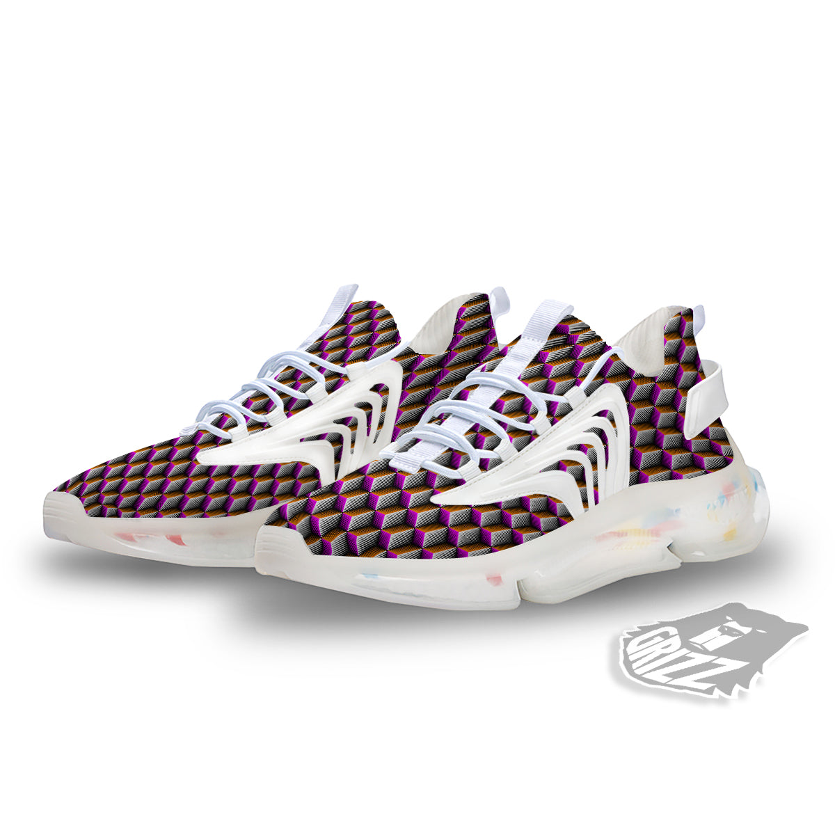 3D Rhombus Print Pattern White Gym Shoes-grizzshop