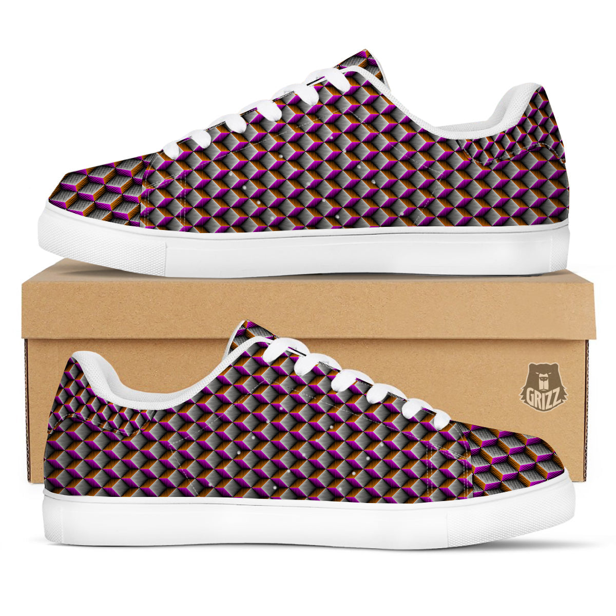 3D Rhombus Print Pattern White Low Top Sneakers-grizzshop