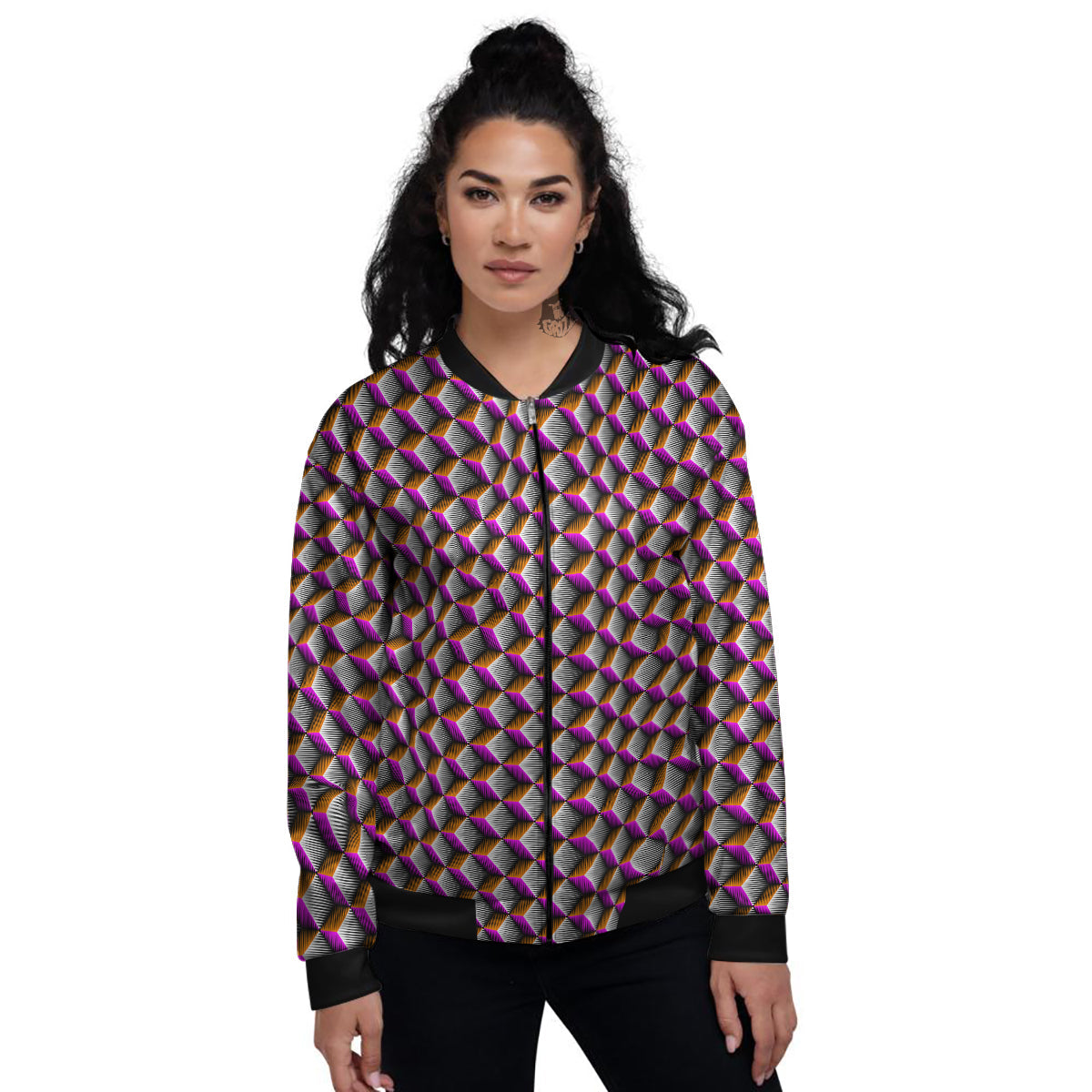 3D Rhombus Print Pattern Women's Bomber Jacket-grizzshop