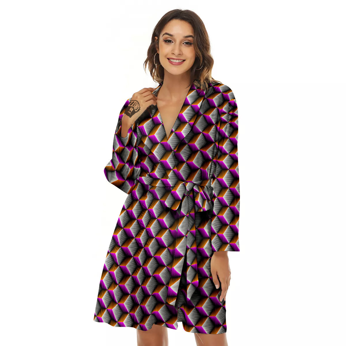 3D Rhombus Print Pattern Women's Robe-grizzshop