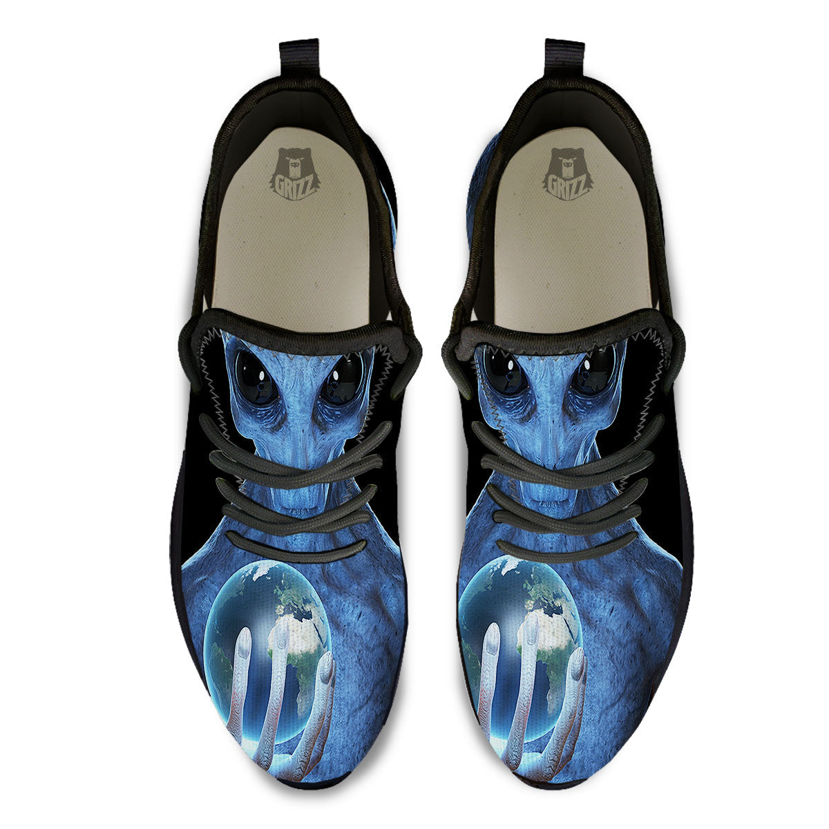 3D Scary Alien Grey Print Black Athletic Shoes-grizzshop
