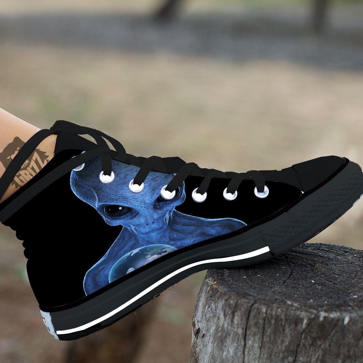 3D Scary Alien Grey Print Black High Top Shoes-grizzshop