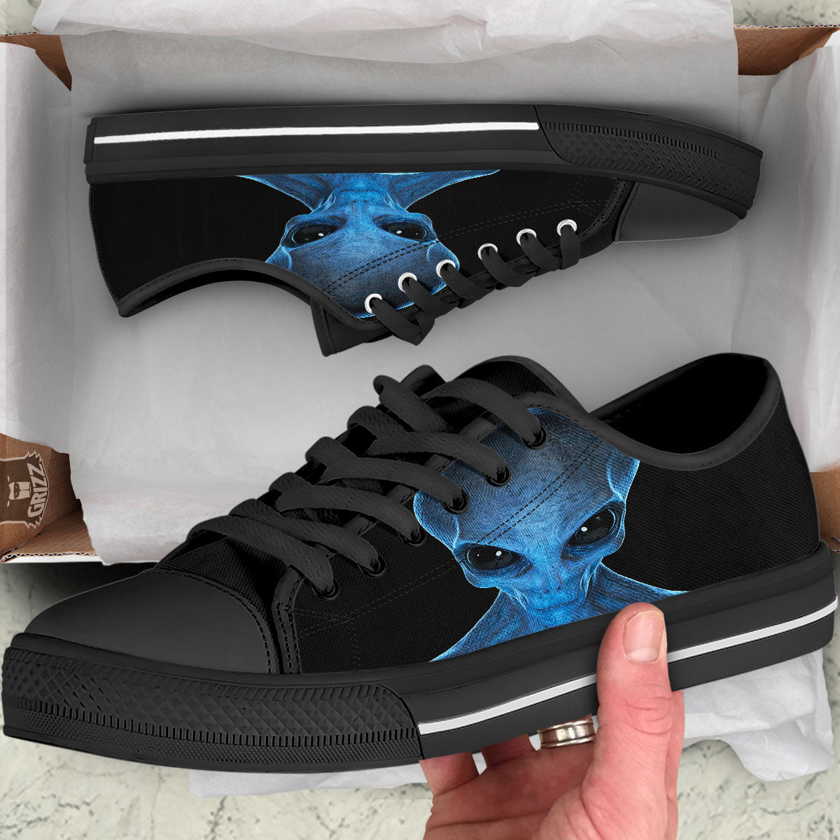 3D Scary Alien Grey Print Black Low Top Shoes-grizzshop