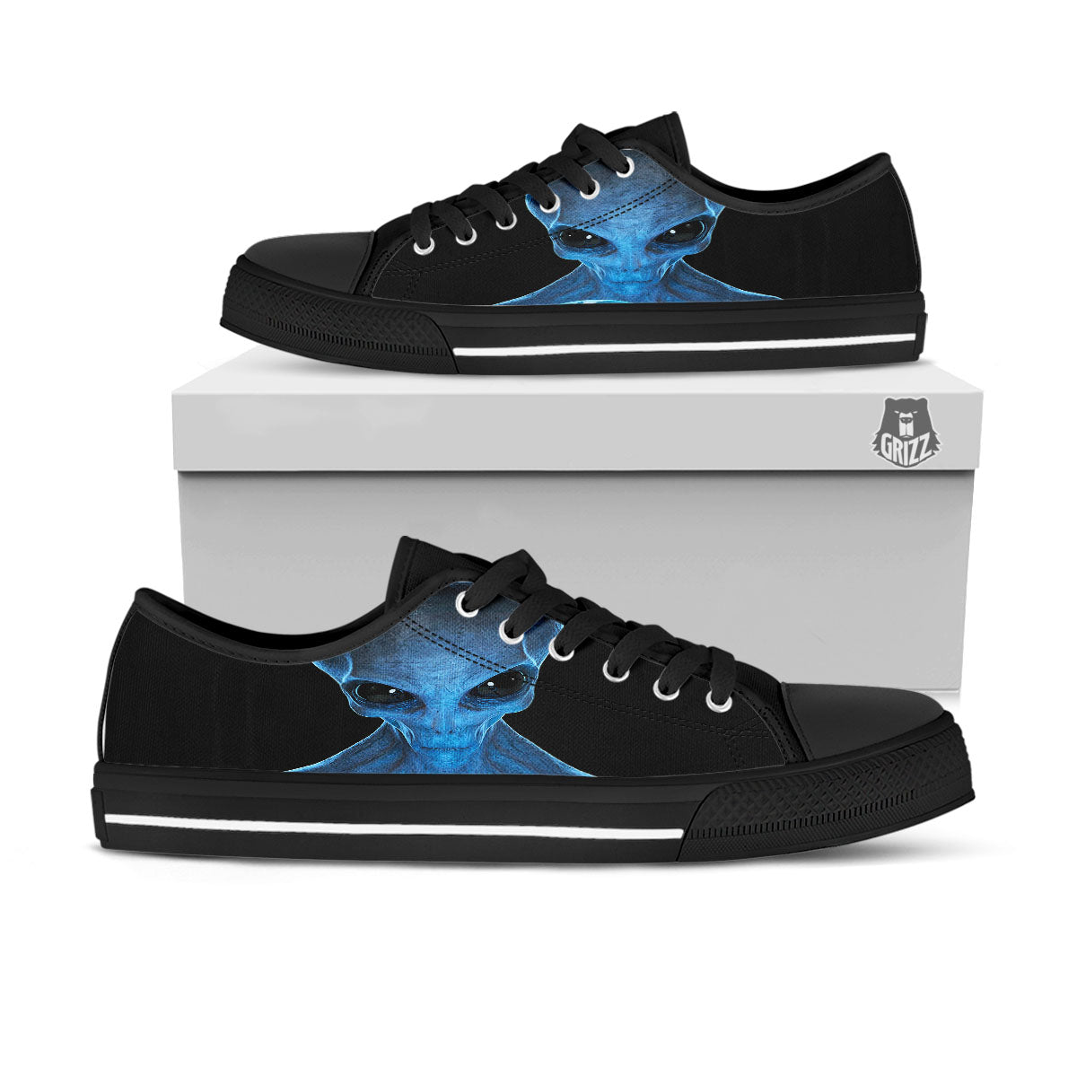 3D Scary Alien Grey Print Black Low Top Shoes-grizzshop
