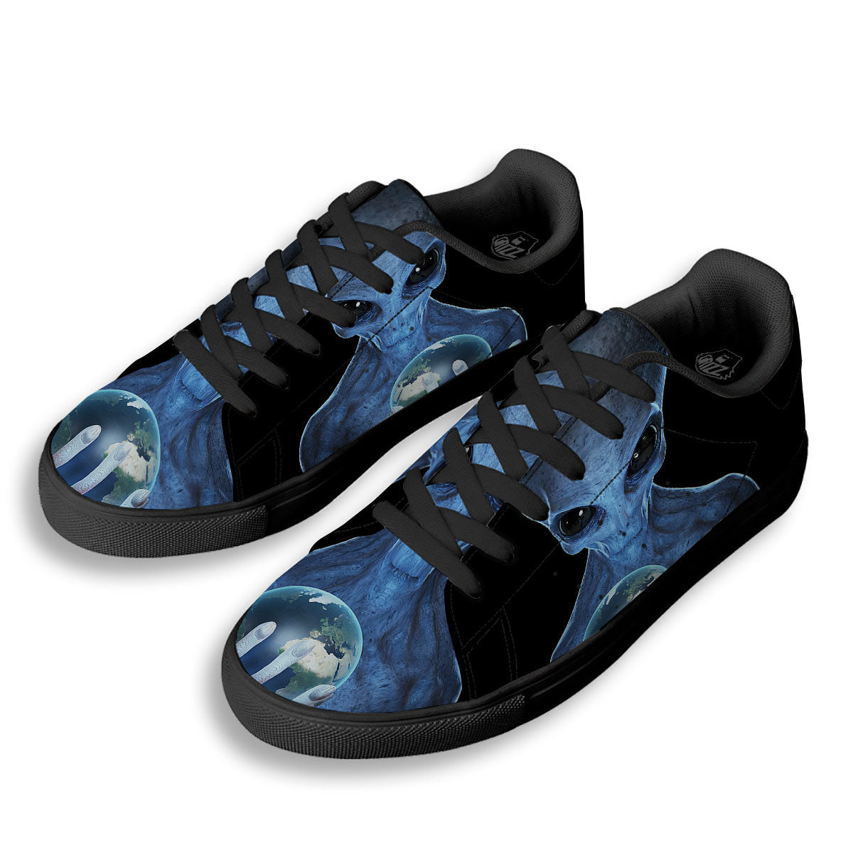 3D Scary Alien Grey Print Black Low Top Sneakers-grizzshop