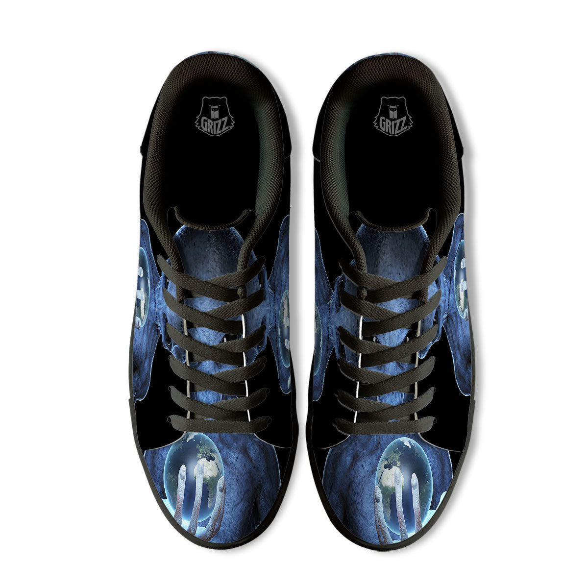 3D Scary Alien Grey Print Black Low Top Sneakers-grizzshop