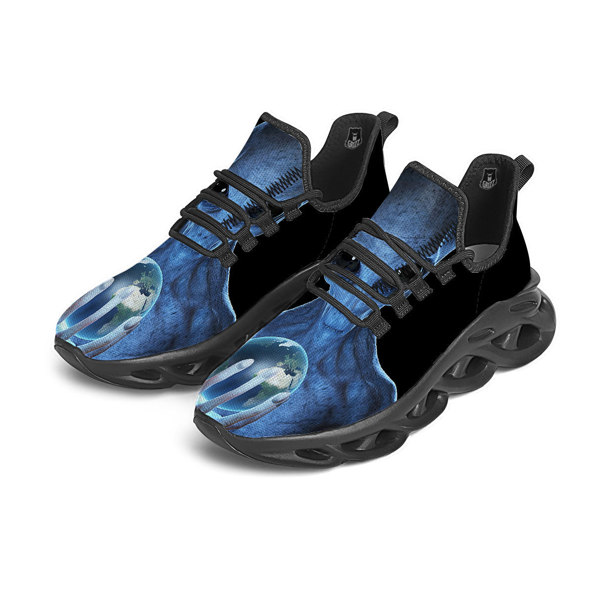 3D Scary Alien Grey Print Black Running Shoes-grizzshop