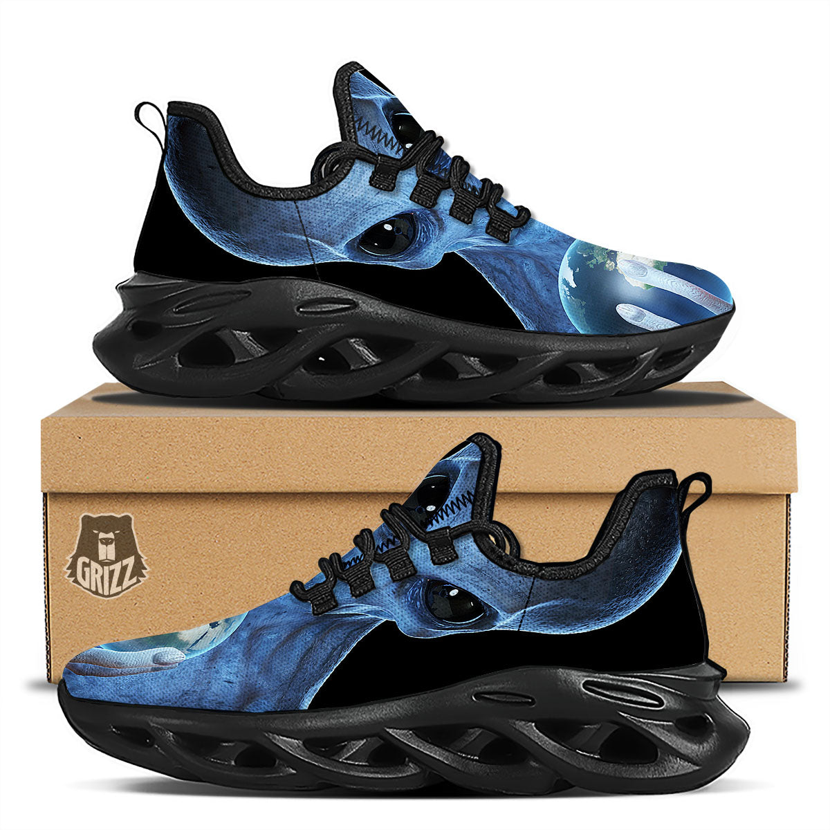 3D Scary Alien Grey Print Black Running Shoes-grizzshop