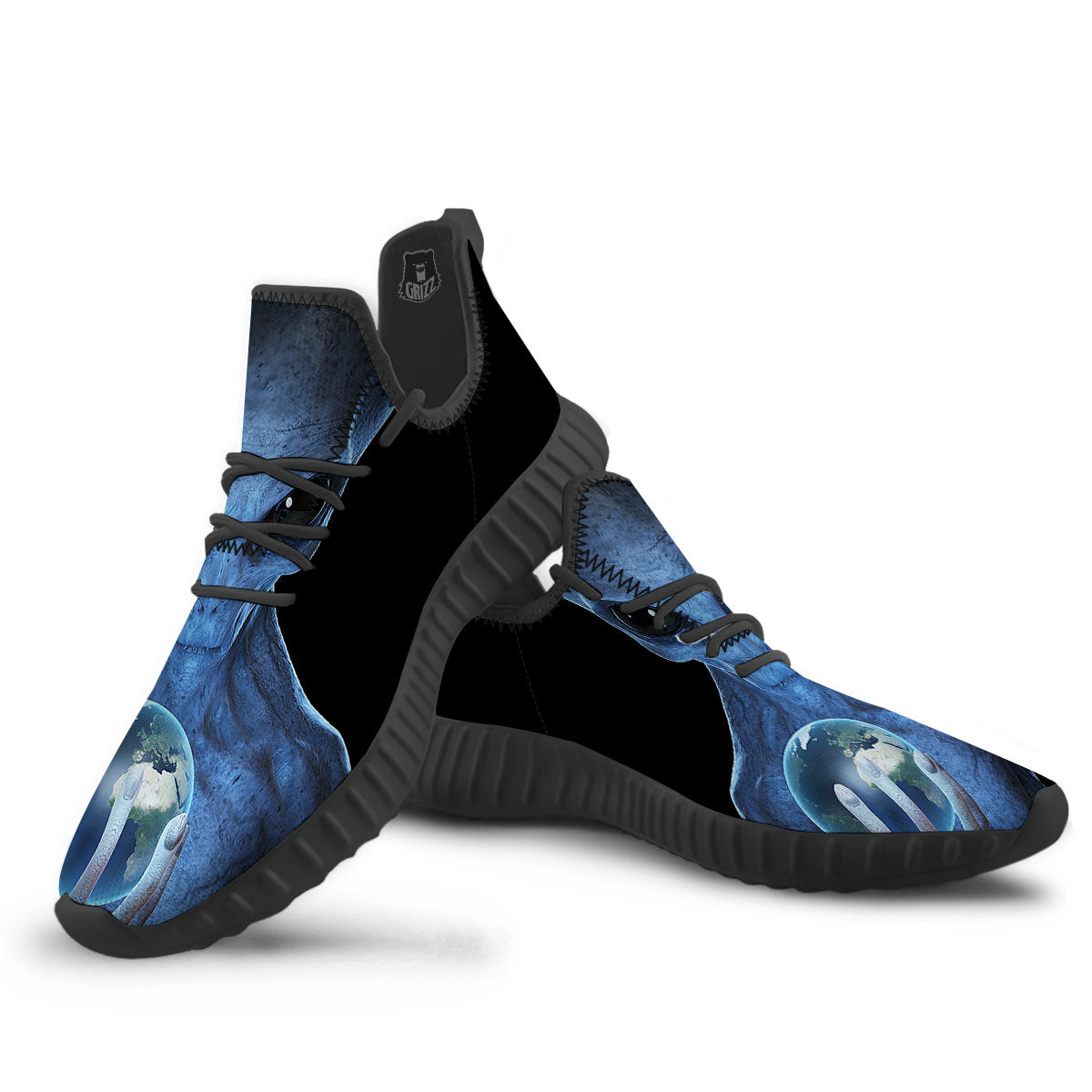 3D Scary Alien Grey Print Black Walking Shoes-grizzshop