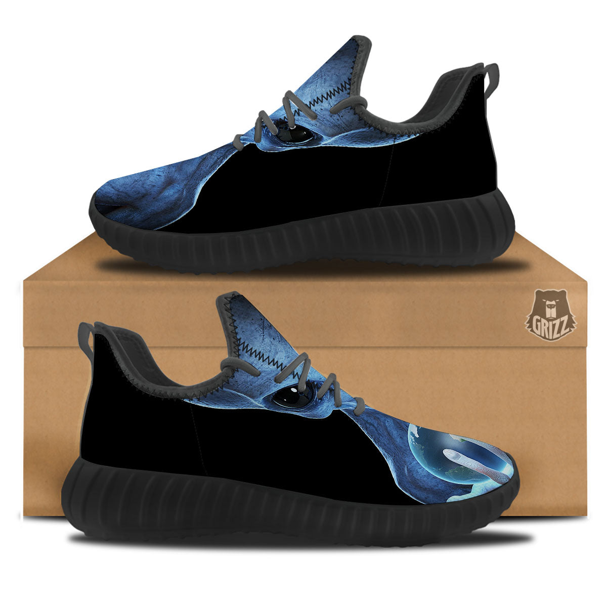 3D Scary Alien Grey Print Black Walking Shoes-grizzshop