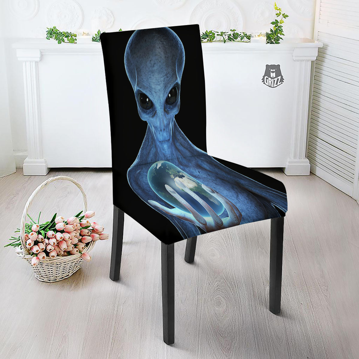 3D Scary Alien Grey Print Dining Chair Slipcover-grizzshop