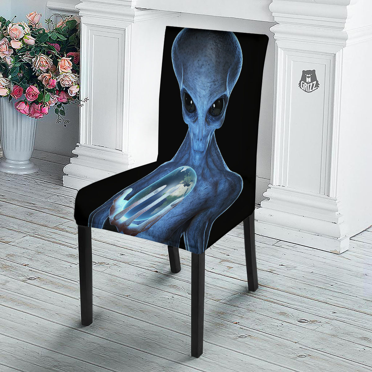 3D Scary Alien Grey Print Dining Chair Slipcover-grizzshop