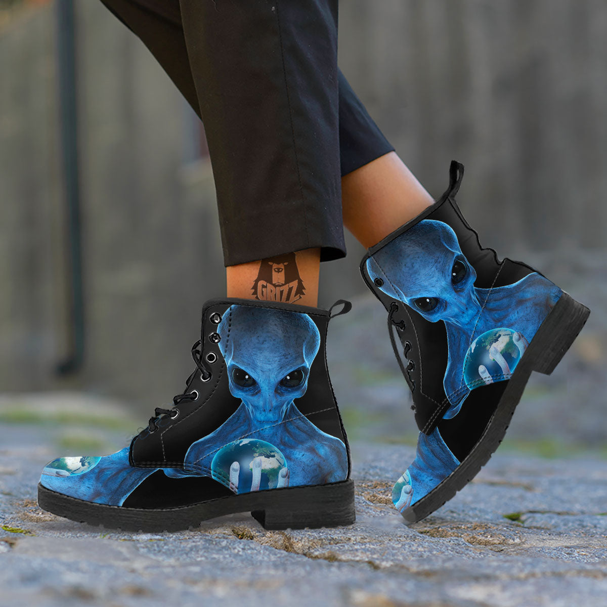 3D Scary Alien Grey Print Leather Boots-grizzshop