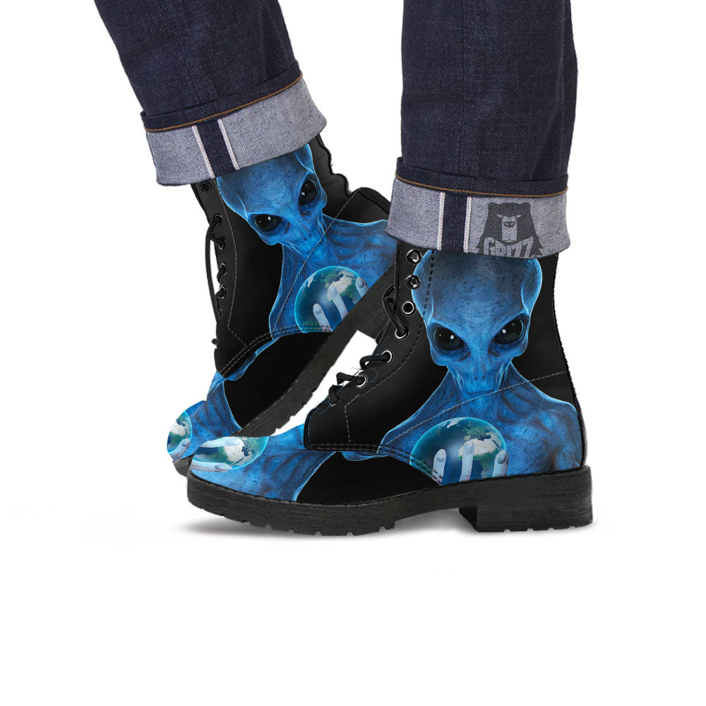 3D Scary Alien Grey Print Leather Boots-grizzshop