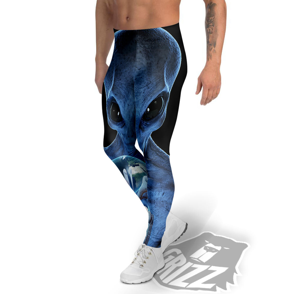3D Scary Alien Grey Print Men's Leggings-grizzshop