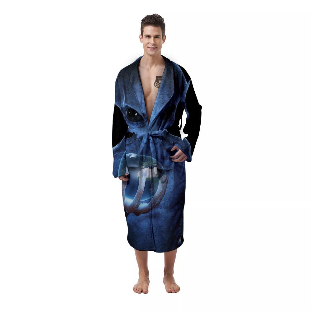 3D Scary Alien Grey Print Men's Robe-grizzshop