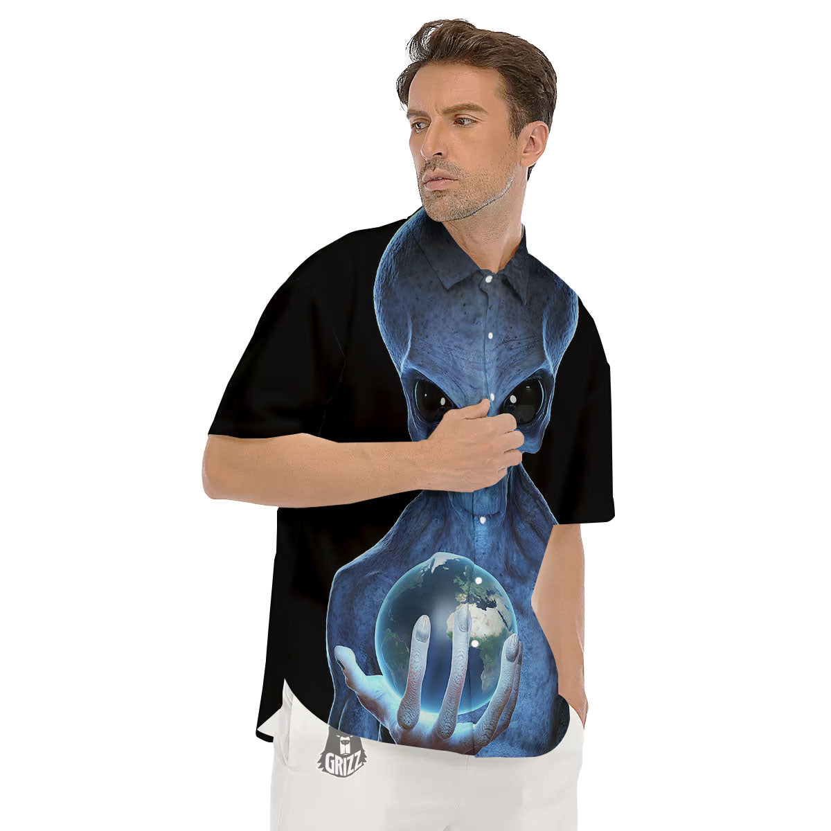 3D Scary Alien Grey Print Men's Short Sleeve Shirts-grizzshop