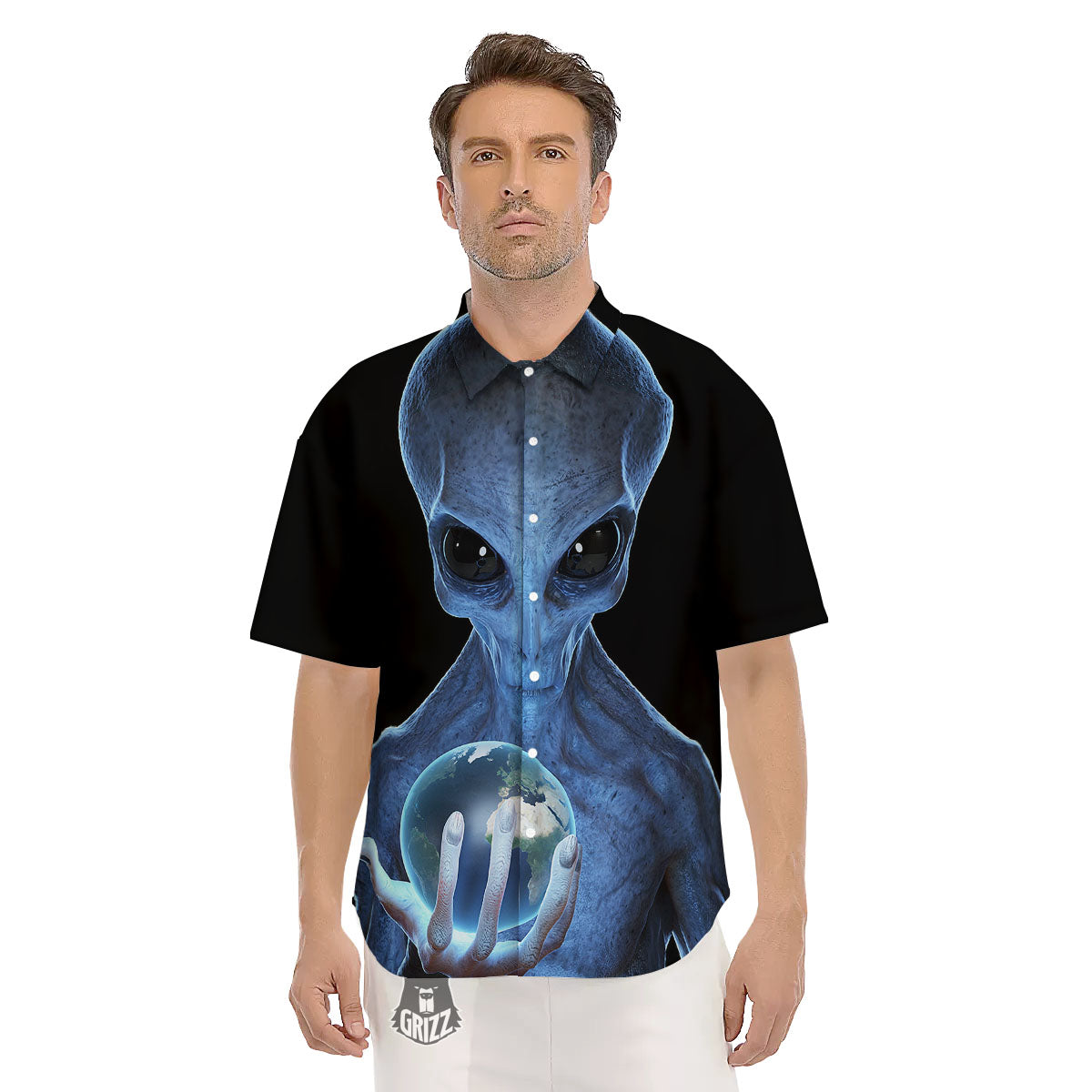 3D Scary Alien Grey Print Men's Short Sleeve Shirts-grizzshop