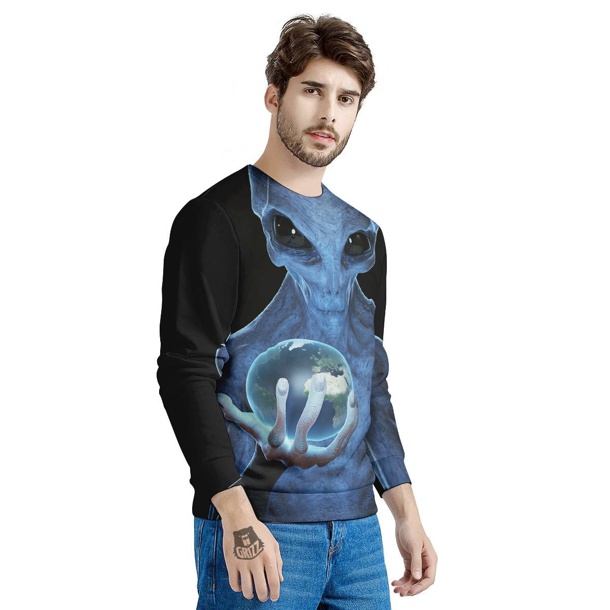 3D Scary Alien Grey Print Men's Sweatshirt-grizzshop