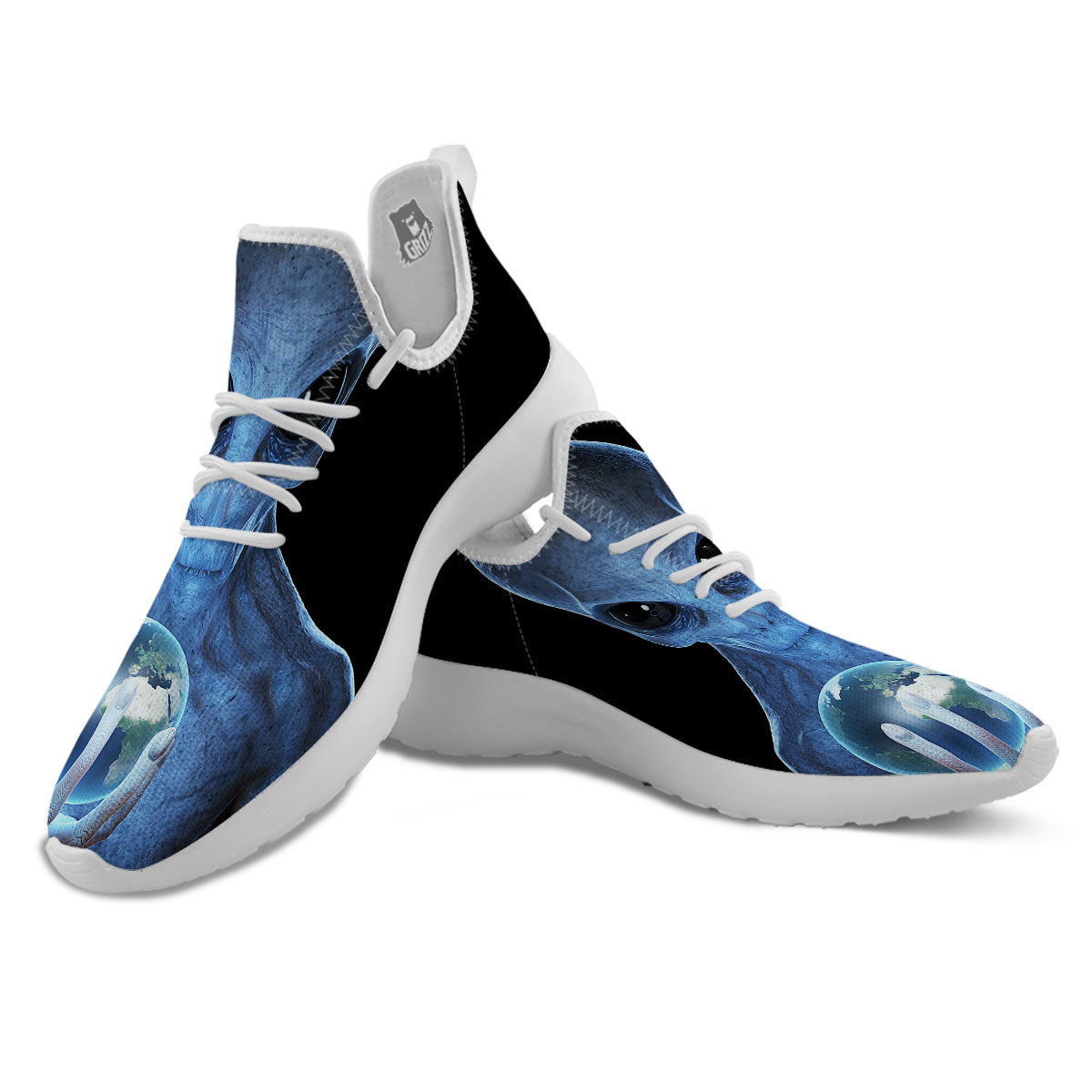 3D Scary Alien Grey Print White Athletic Shoes-grizzshop