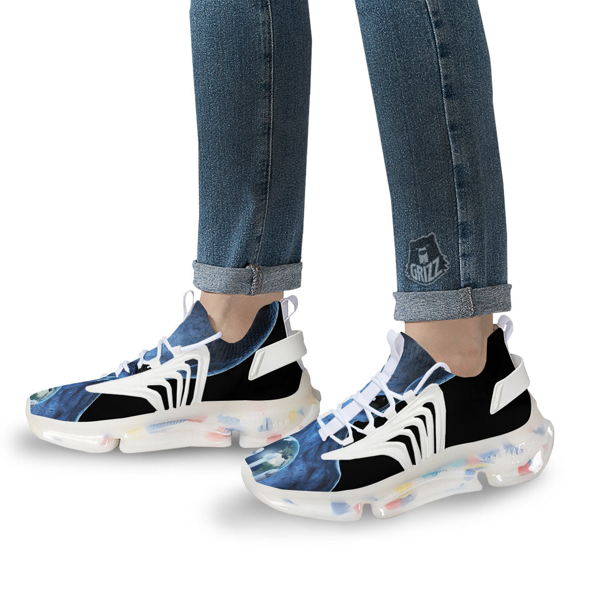 3D Scary Alien Grey Print White Gym Shoes-grizzshop