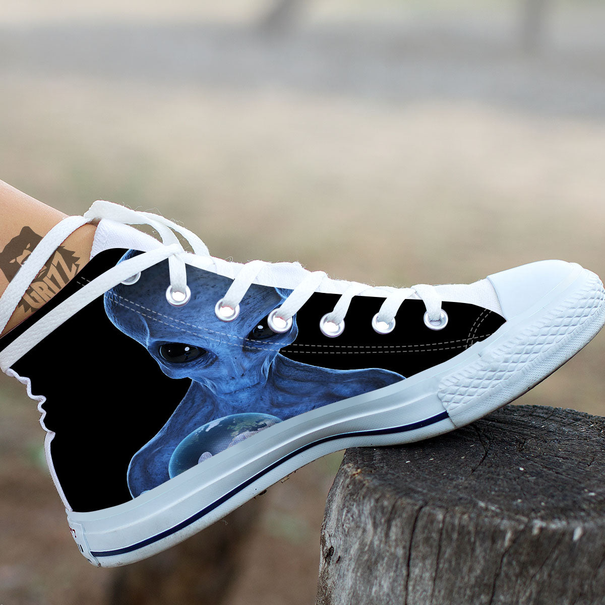 3D Scary Alien Grey Print White High Top Shoes-grizzshop