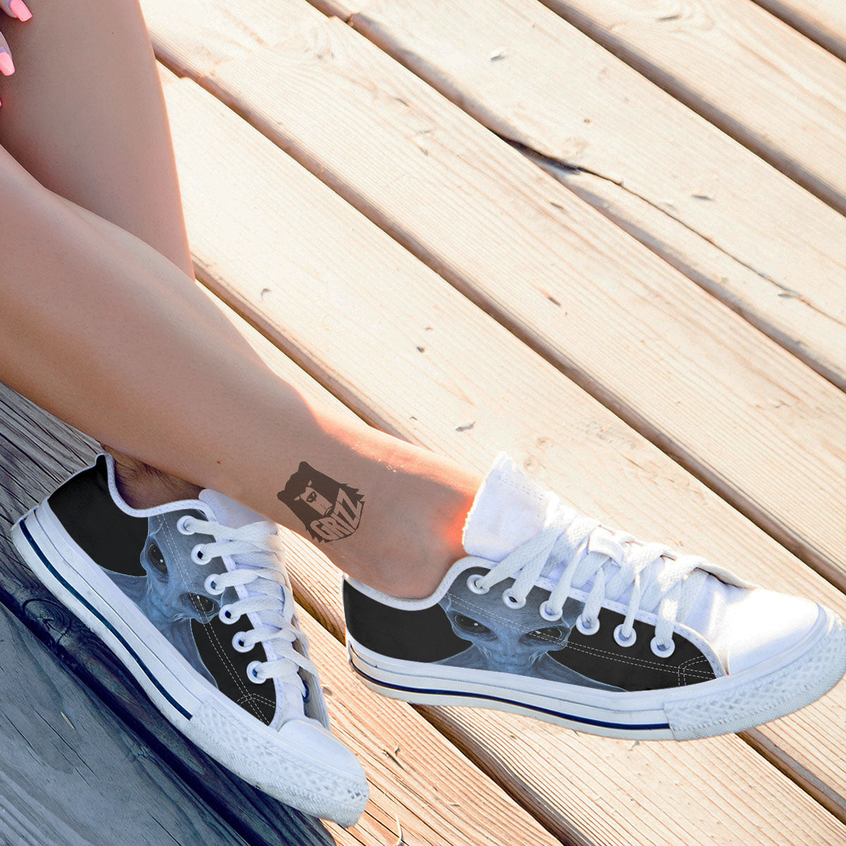 3D Scary Alien Grey Print White Low Top Shoes-grizzshop