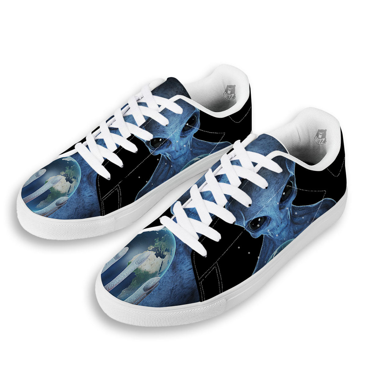 3D Scary Alien Grey Print White Low Top Sneakers-grizzshop