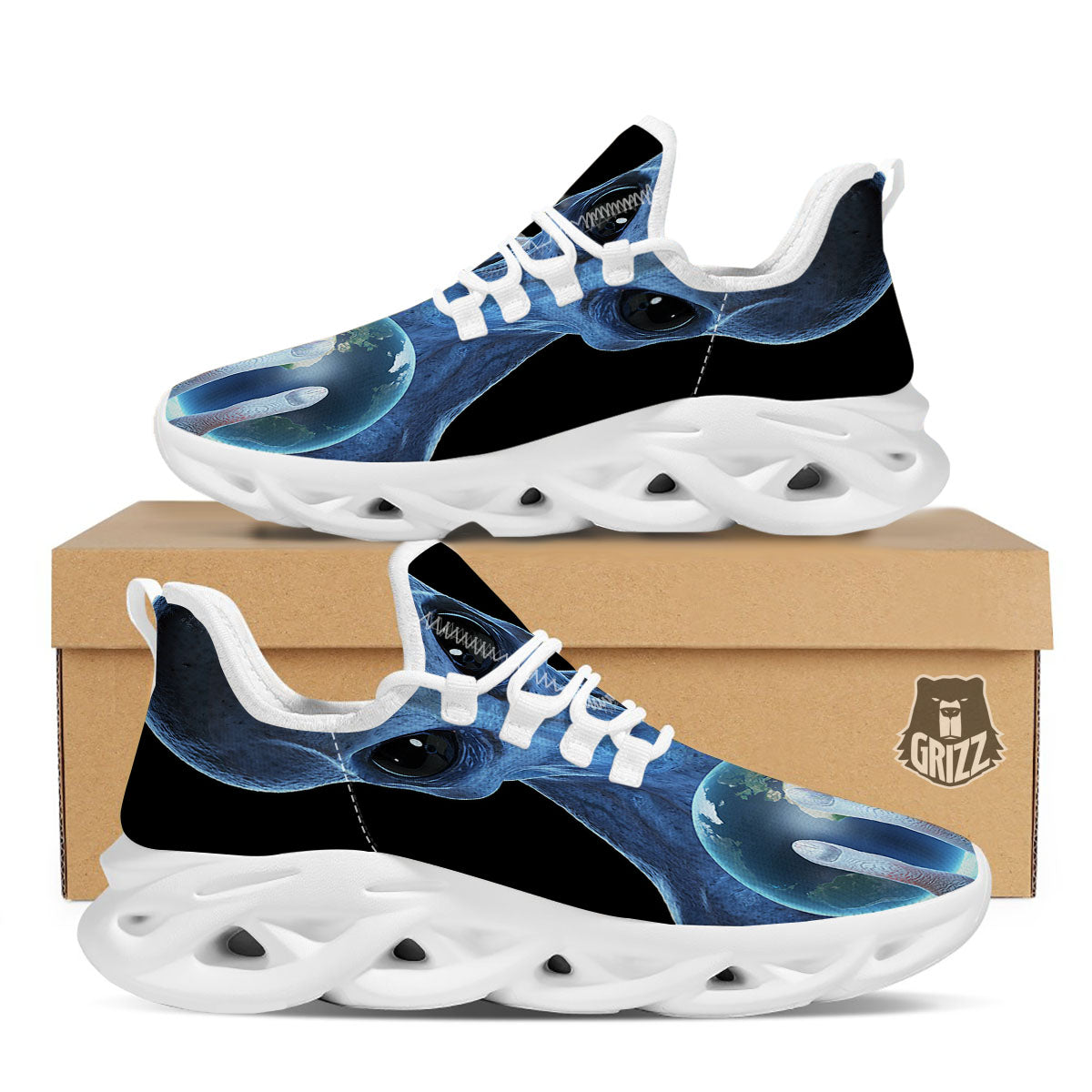3D Scary Alien Grey Print White Running Shoes-grizzshop
