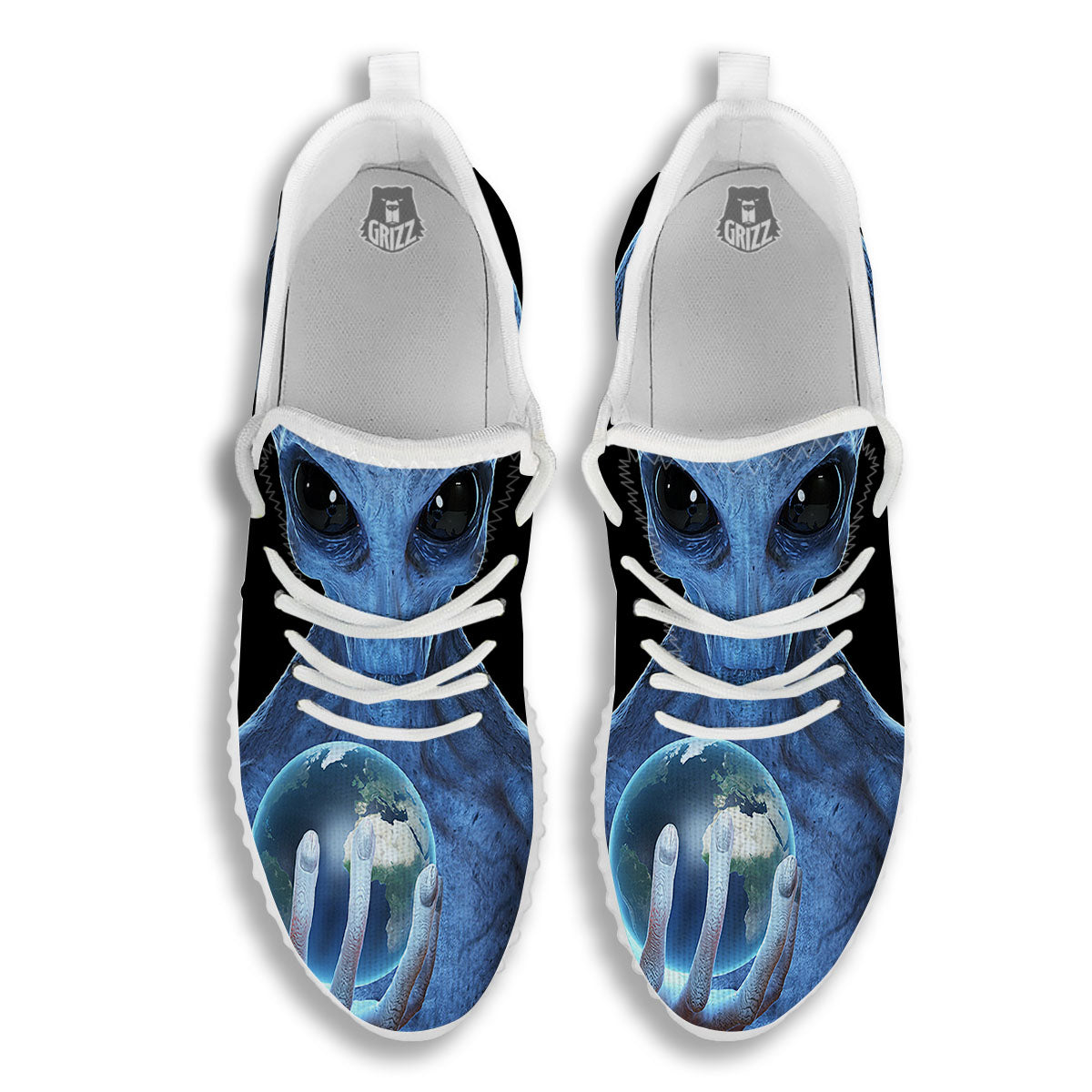3D Scary Alien Grey Print White Walking Shoes-grizzshop
