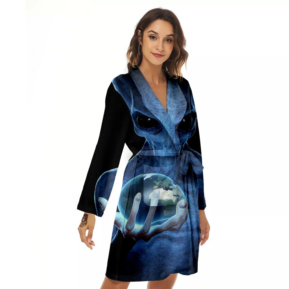 3D Scary Alien Grey Print Women's Robe-grizzshop