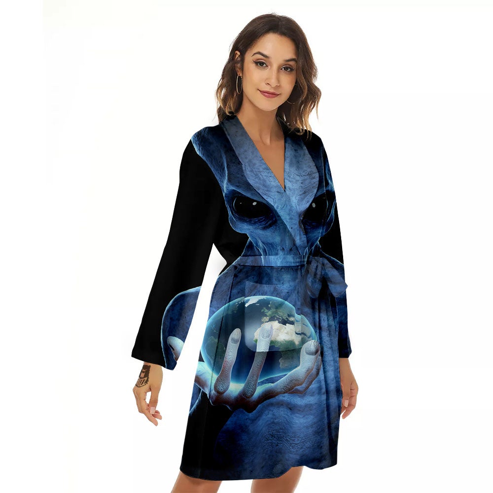 3D Scary Alien Grey Print Women's Robe