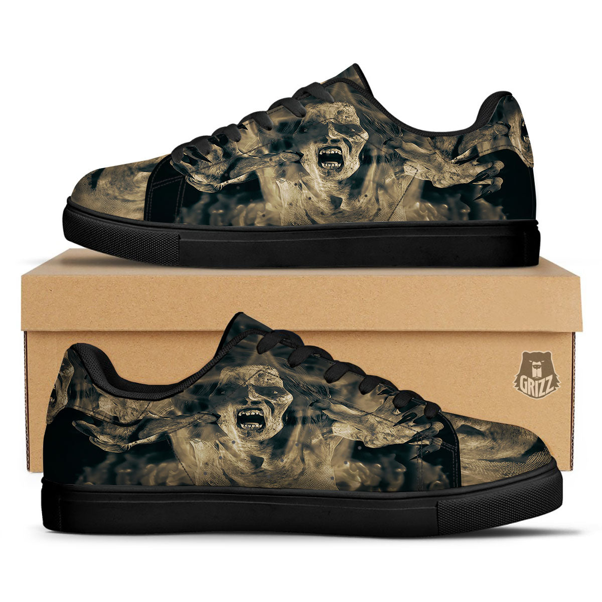 3D Screaming Ghost Horror Print Black Low Top Sneakers-grizzshop