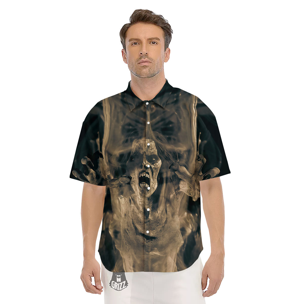 3D Screaming Ghost Horror Print Men's Short Sleeve Shirts-grizzshop