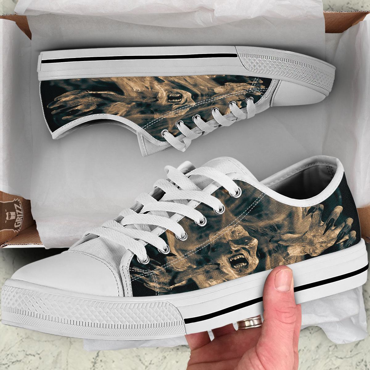 3D Screaming Ghost Horror Print White Low Top Shoes-grizzshop