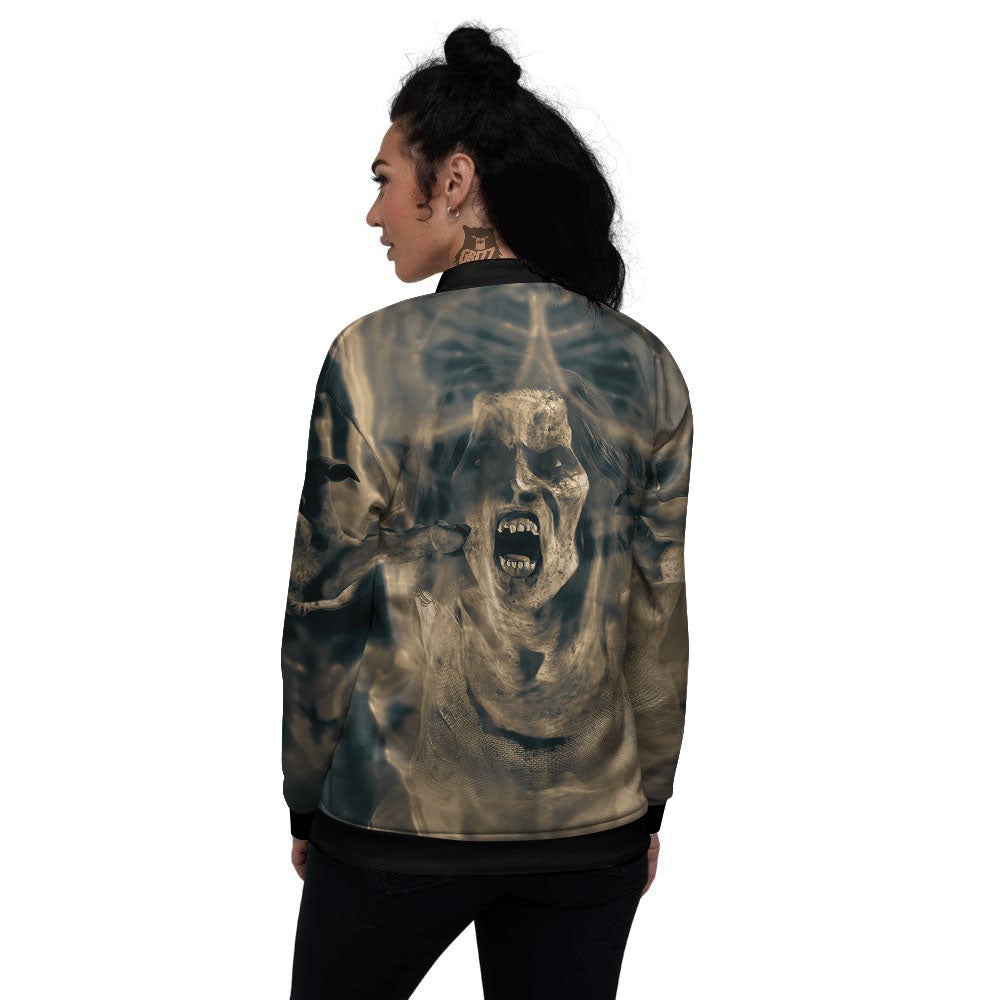 3D Screaming Ghost Horror Print Women's Bomber Jacket-grizzshop