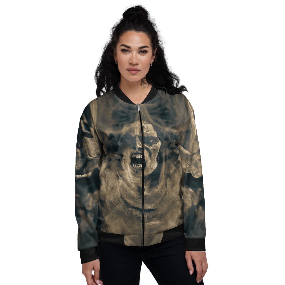 3D Screaming Ghost Horror Print Women's Bomber Jacket-grizzshop