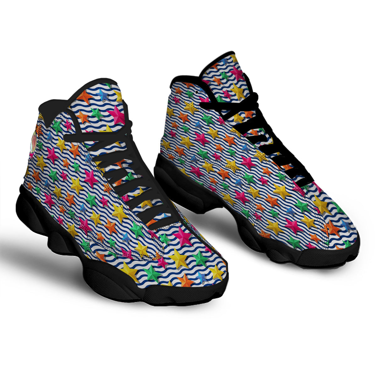 3D Stars And Blue Wave Print Pattern Black Basketball Shoes-grizzshop