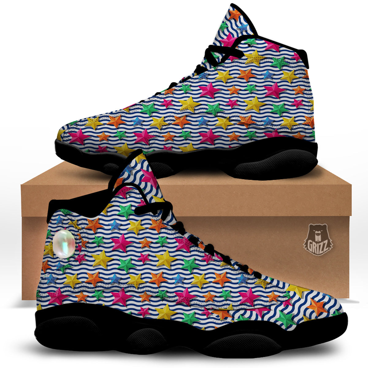 3D Stars And Blue Wave Print Pattern Black Basketball Shoes-grizzshop
