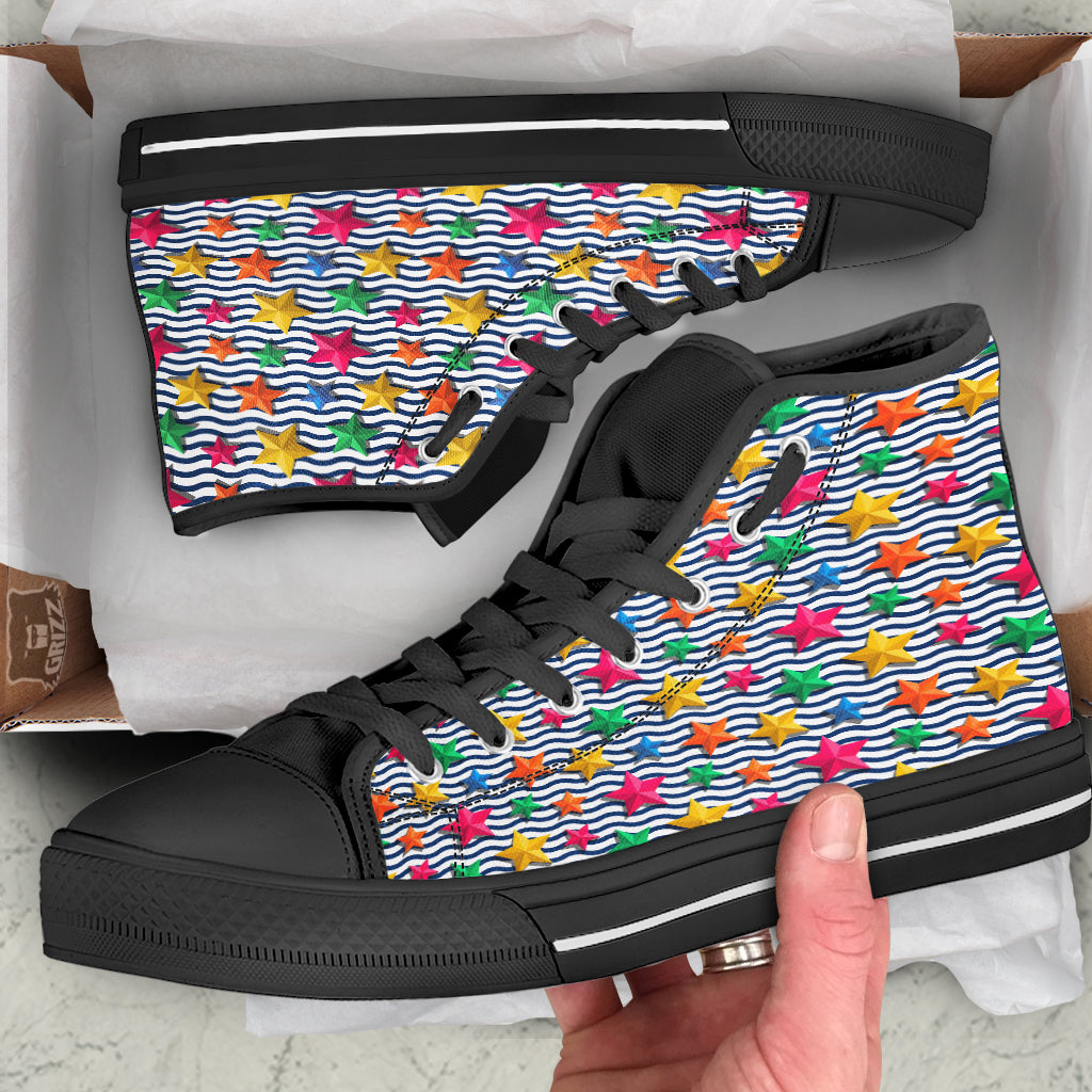 3D Stars And Blue Wave Print Pattern Black High Top Shoes-grizzshop