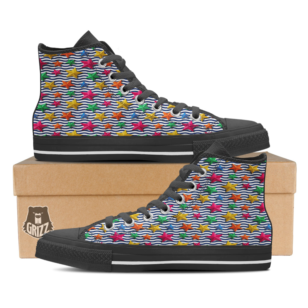 3D Stars And Blue Wave Print Pattern Black High Top Shoes-grizzshop