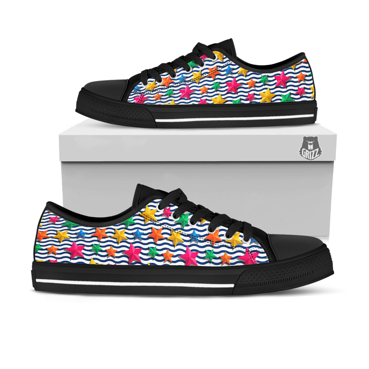3D Stars And Blue Wave Print Pattern Black Low Top Shoes-grizzshop