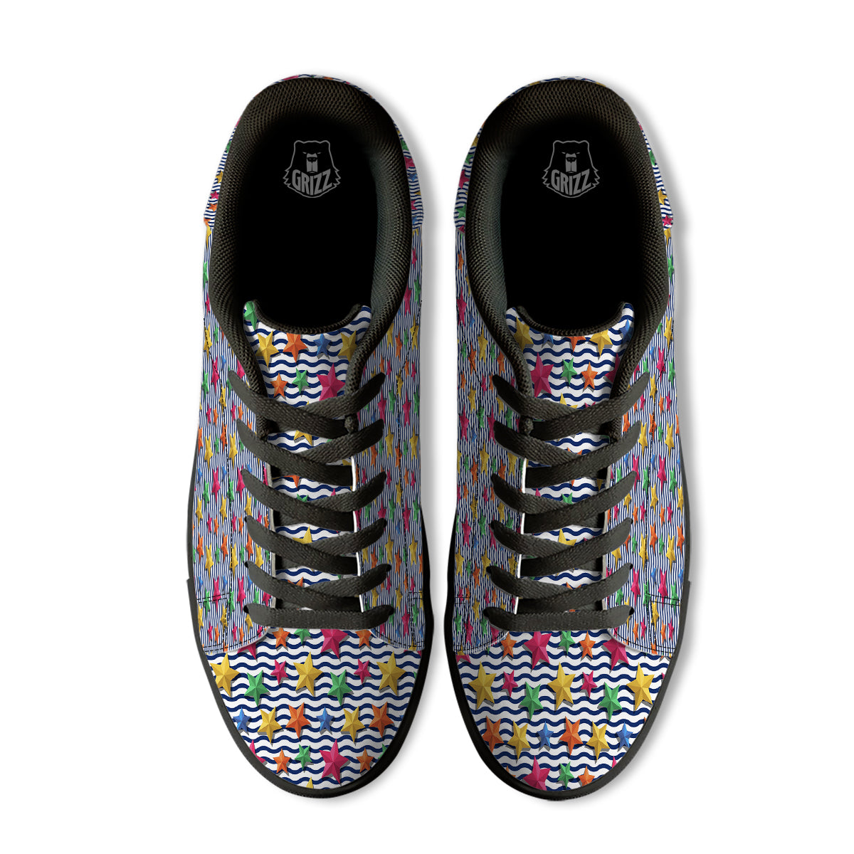 3D Stars And Blue Wave Print Pattern Black Low Top Sneakers-grizzshop