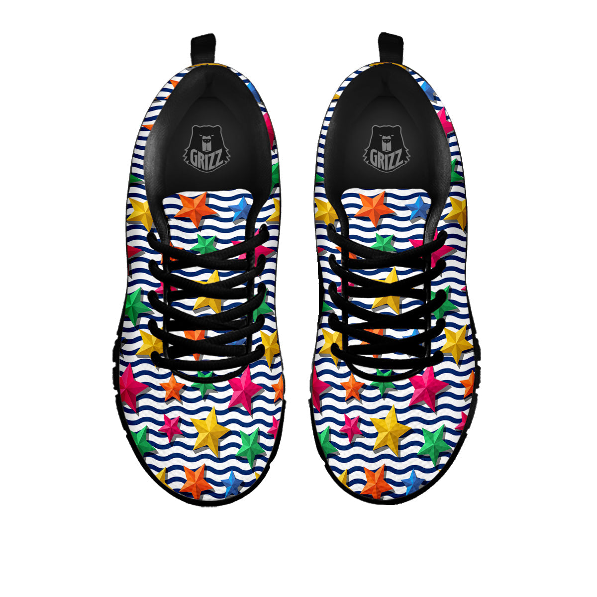 3D Stars And Blue Wave Print Pattern Black Sneaker-grizzshop