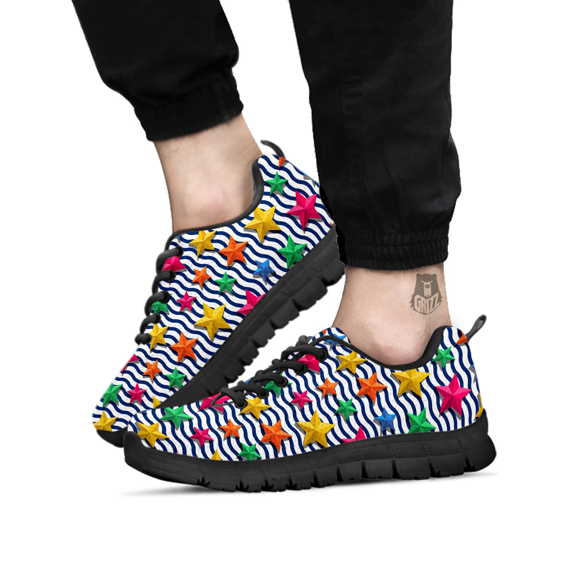 3D Stars And Blue Wave Print Pattern Black Sneaker-grizzshop